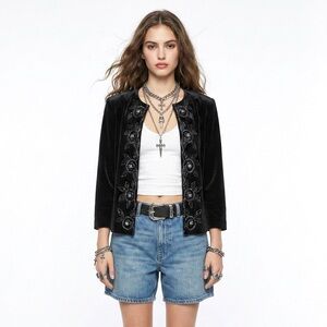 Vintage Whimsigoth Beaded Velvet Festival Jacket Black Open 3/4 Sleeve Stenay